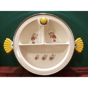 Vintage 1930s Child's 3 Compartment Warming Dish Illustrated W/ Circus Elephants